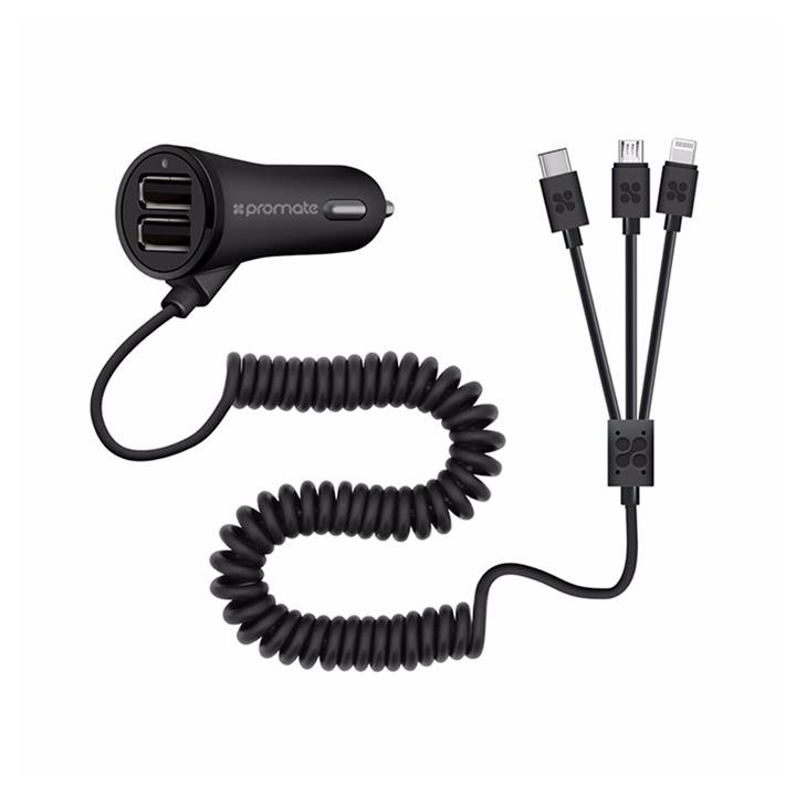 شارژر فندکی پرومیت مدل Charger-Trio همراه با کابل microUSB-Lightning-Type-C Promate Charger-Trio Car Charger with microUSB-Lightning-Type-C Cable